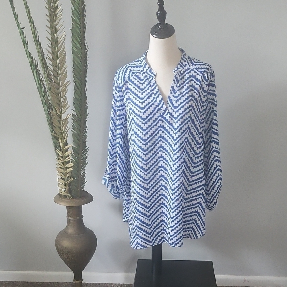 Cato Blue and White Print Tunic Blouse with Hi-Low Hem